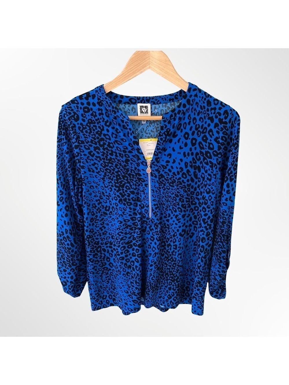 Anne Klein Blue Black Leopard Print Zip Front Blouse NWT Size M